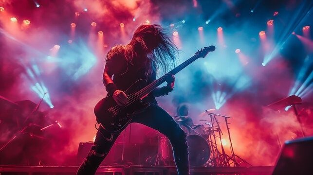 Metal-Bassist mit E-Bass im farbig beleuchteten Konzertnebel